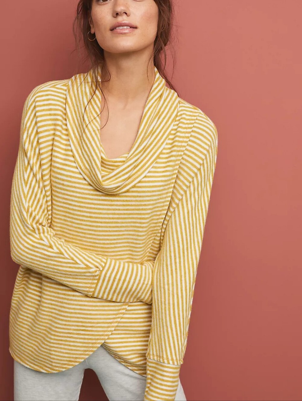 Saturday/Sunday Mustard Yellow & Ivory Striped Homebound Cowl Neck Tunic Top